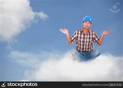 Montage of a handyman sitting on a cloud