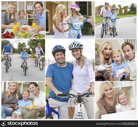 Montage of a happy active young family, parents man and woman, two children a boy and girl relaxing at home, eating healthy food, playing video games and cycling.
