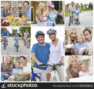 Montage of a happy active young family, parents man and woman, two children a boy and girl relaxing at home, eating healthy food, playing video games and cycling.
