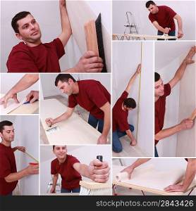Montage of a man wallpapering