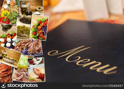 Montage of a menu and healthy Mediterranean style foods, breads, salmon, spaghetti, peppers, tomatoes, vegetables, garlic, ham, olive oil, melon and cheese.