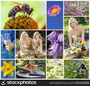 Montage of a mother and young daughter gardening in a beautiful spring garden, planting pots together and flowers coming into bloom.