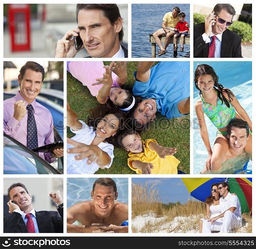 Montage of a successful working man, father and husband balancing working &amp; family life, on cell phone, using tablet computer, at beach, swimming pool &amp; fishing.