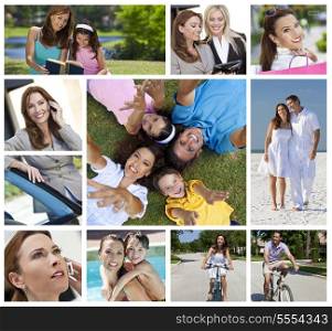 Montage of a successful working woman, mother and wife balancing modern working &amp; family life, on cell phone, using tablet computer, at beach, swimming pool &amp; reading with her daughter