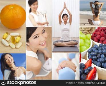 Montage of an oriental chinese woman girl working out at a gym active on a beach, enjoying a healthy lifestyle and eating fresh fruit and vitamin tablets