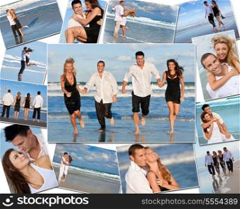 Montage of four friends, romantic couples men women enjoying a healthy active lifestyle on holiday vacation, at the beach playing games in the sea