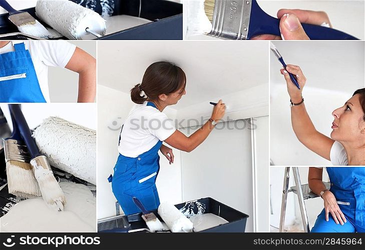 Montage of handywoman painting at home