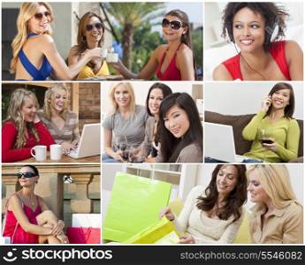 Montage of happy beautiful women, friends, shopping, using laptop computers, listening to music and talking on the phone, enjoying a modern lifestyle.