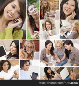 Montage of happy beautiful women, friends, using laptop and tablet computers, listening to music and talking on the phone, enjoying a modern lifestyle.