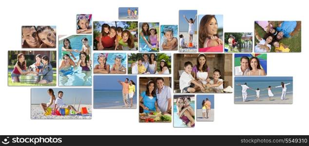 Montage of happy family parents and two children boy and girl enjoying an active lifestyle on holiday vacation, at the beach, playing in the swimming pool and cooking at home