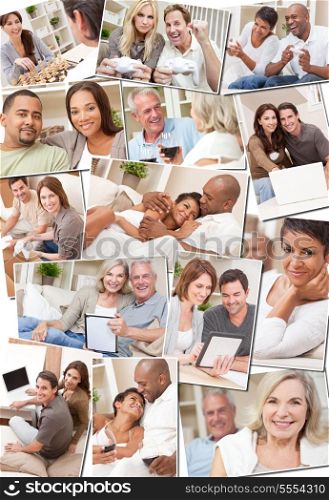 Montage of happy interracial couples enjoying a relaxing lifestyle at home, drinking wine, using tablet and laptop computers, unpacking boxes and playing video and board games.
