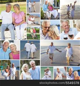 Montage of happy old senior man woman couples people enjoying an active retirement lifestyle on the beach, walking by a river or lake, drinking wine and cycling