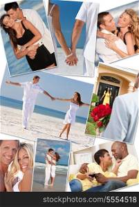Montage of happy, romantic, interracial mixed race couples enjoying a relaxing lifestyle, at the beach embracing, holding hands, drinking wine at home in love.