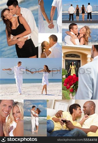 Montage of happy, romantic, mixed race couples enjoying a relaxing lifestyle, at beach embracing, holding hands, drinking wine at home in love.