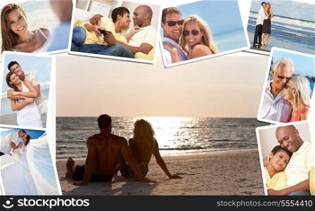 Montage of happy, romantic, mixed race couples enjoying a relaxing lifestyle, sunset beach, wedding, drinking wine at home in love.