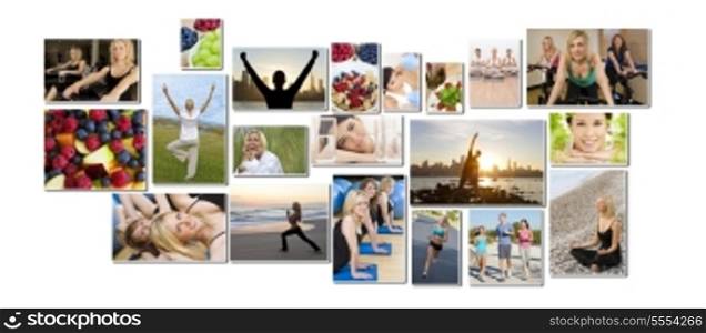 Montage of interracial men, women people working out at a gym, active exercising on the beach, yoga, jogging running and enjoying a healthy fitness lifestyle.