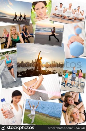 Montage of interracial men, women people working out at a gym, active exercising on the beach, yoga, jogging running and enjoying a healthy fitness lifestyle.