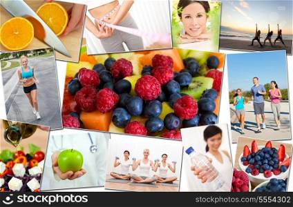 Montage of interracial men, women people working out at gym, active exercising on the beach, yoga, jogging running and enjoying healthy food, fruit &amp; vegetables