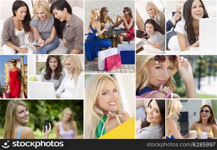 Montage of interracial mixed race group of women enjoying a modern active lifestyle relaxing at home, outside, on line using laptop computer, mobile cell phone, shopping, drinking tea and coffee