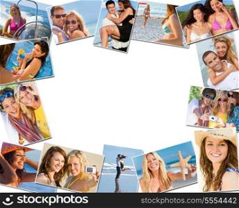 Montage of multiethnic mixed race friends and couples men women enjoying a healthy active lifestyle on holiday vacation, at the beach playing games, taking pictures together, drinking cocktails and on a speed boat.