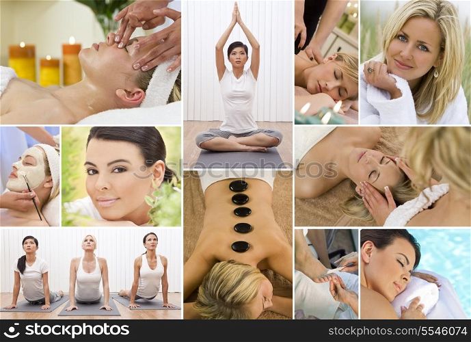 Montage of young beautiful women relaxing, having massage treatments and exercising at a health and beauty spa