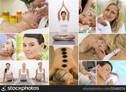 Montage of young beautiful women relaxing, having massage treatments and exercising at a health and beauty spa