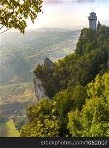Montale, Third tower, smallest of the three peaks of Monte Titano in the city of San Marino of the Republic of San Marino in sunny day. Montale tower in San Marino