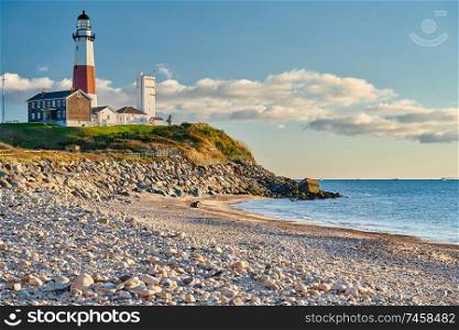 Montauk Lighthouse and beach, Long Island, New York, USA.