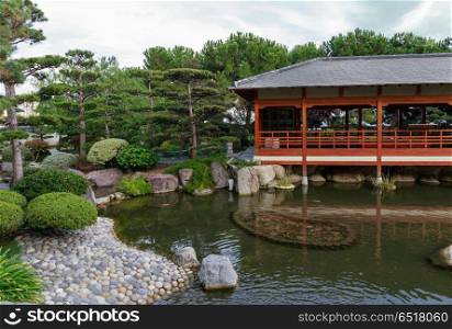 MONTE CARLO, MONACO - NOVEMBER 2, 2014: Pond in Japanese garden in Monte Carlo