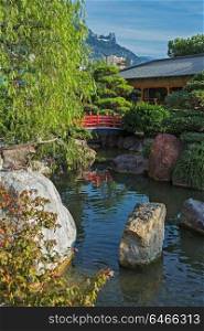 MONTE CARLO, MONACO - NOVEMBER 2, 2014: Pond with bridge in Japanese garden in Monte Carlo