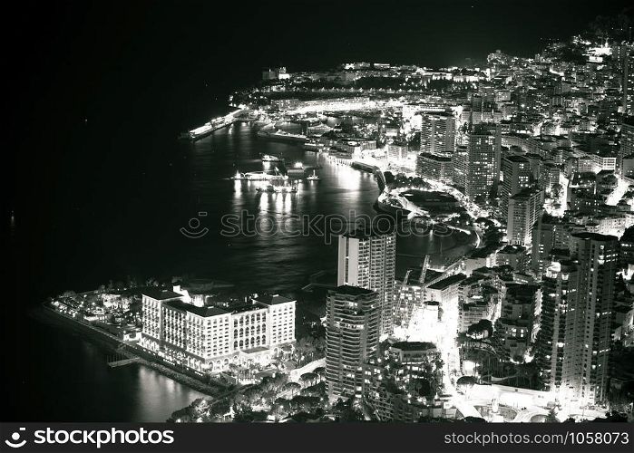 Monte Carlo waterfront evening black and white view, Principality of Monaco