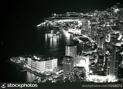 Monte Carlo waterfront evening black and white view, Principality of Monaco