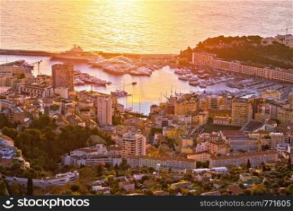 Monte Carlo yachting harbor and colorful waterfront aerial sunrise view, Principality of Monaco