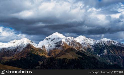 Monte Cavallo with the first autumn snow in high brembana valley Bergamo Italy