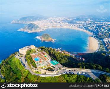Monte Igueldo Tower, viewpoint and Amusement Park on the Monte Igueldo mountain in San Sebastian or Donostia city in Spain