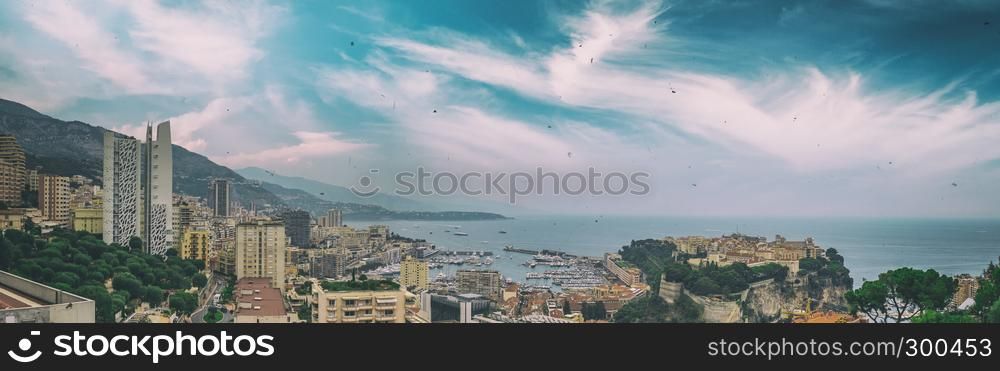 Montecarlo, France. Aerial city view from Exotic Gardens at sunset, Monaco