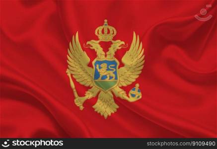 Montenegro country flag on wavy silk fabric background panorama - illustration. Montenegro country flag on wavy silk fabric background panorama
