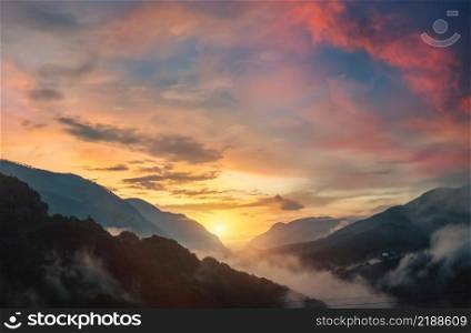 Montenegro, panorama mountains and of sunset sky over world famous tara river. Canyon near city Zabljak. Panorama mountains and of sunset