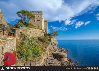 Monterosso al Mare, Colorful cityscape on the mountains over Mediterranean sea in Cinque Terre Italy Europe