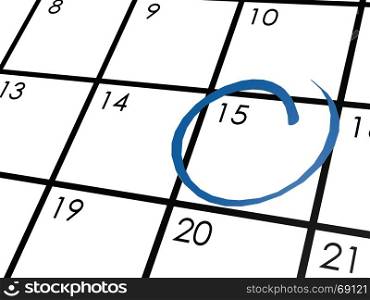 Monthly calendar circled with blue marker, 3D rendering