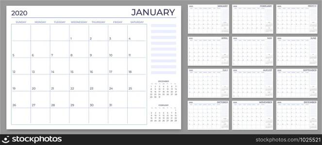 Monthly planner template. Year calendar notes grid, 2020 planners sheets and yearly scheduling calendars. Daily or week planner, date reminder lists, month planner vector set. Monthly planner template. Year calendar notes grid, 2020 planners sheets and yearly scheduling calendars vector set