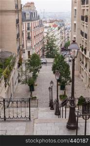 Montmartre staircase and street lights in Paris, France. Stairs at Montmartre