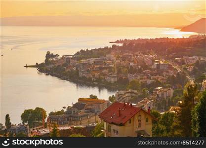 Montreux sunset skyline in Leman Geneva Swiss. Montreux sunset skyline in Leman Geneva lake Switzerland Swiss