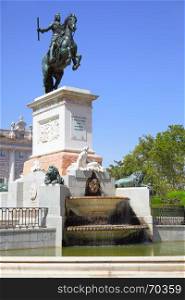 Monument of Felipe IV (was opend in 1843) on Plaza de Oriente in Madrid