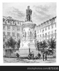 Monument of Luis Vaz de Camoes in Lisbon, Portugal, drawing by Barclay based on a photograph, vintage engraved illustration. Le Tour du Monde, Travel Journal, 1881