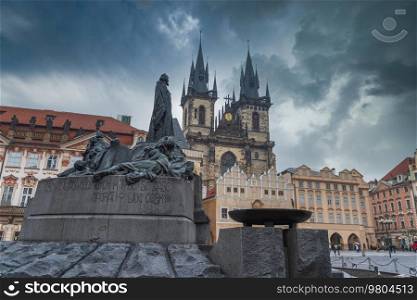 Monument to Jan Hus is located in the Old Town Square of Prague. 