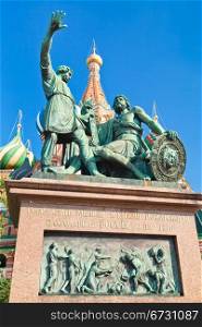 Monument to Minin and Pozharsky with Pokrovsky Cathedral in Moscow, Russia
