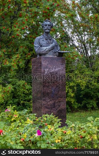 Monument to Russian artist Isaac Levitan on a summer day in Plyos, Russia.