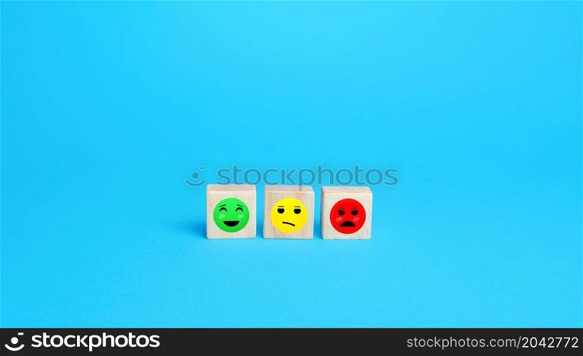Mood faces from satisfied to dissatisfied. Concept of rating, review. Visitor satisfaction with the services received. Communication and feedback. Quality assessment, meeting expectations.