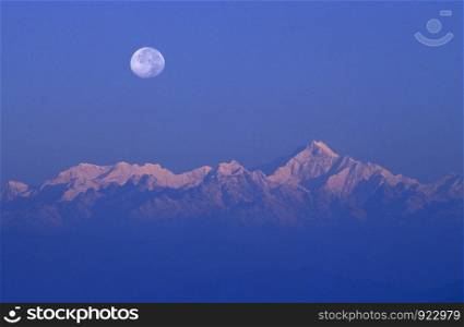 Moon and Kanchanjonga, Himalayas, India